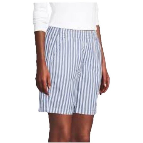 Lands End Striped Pull On Bermuda Shorts Blue White Summer Beach Petite Size 12 - Picture 1 of 10